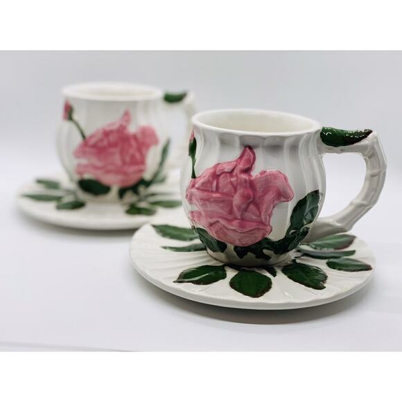 Pacific Rim Rosebud Tea Cups and Saucers with Raised Rose Design - Set Of 2 - Picture 2 of 10